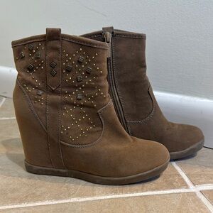 Brown Suede Wedge Ankle Boots with Studs